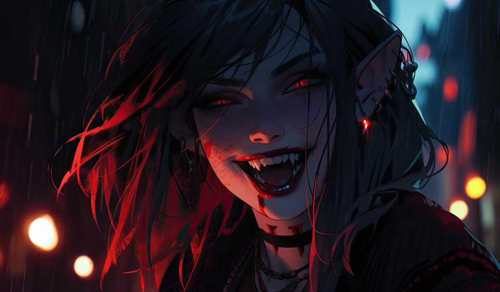 Улыбающаяся фантастическая девушка вампир