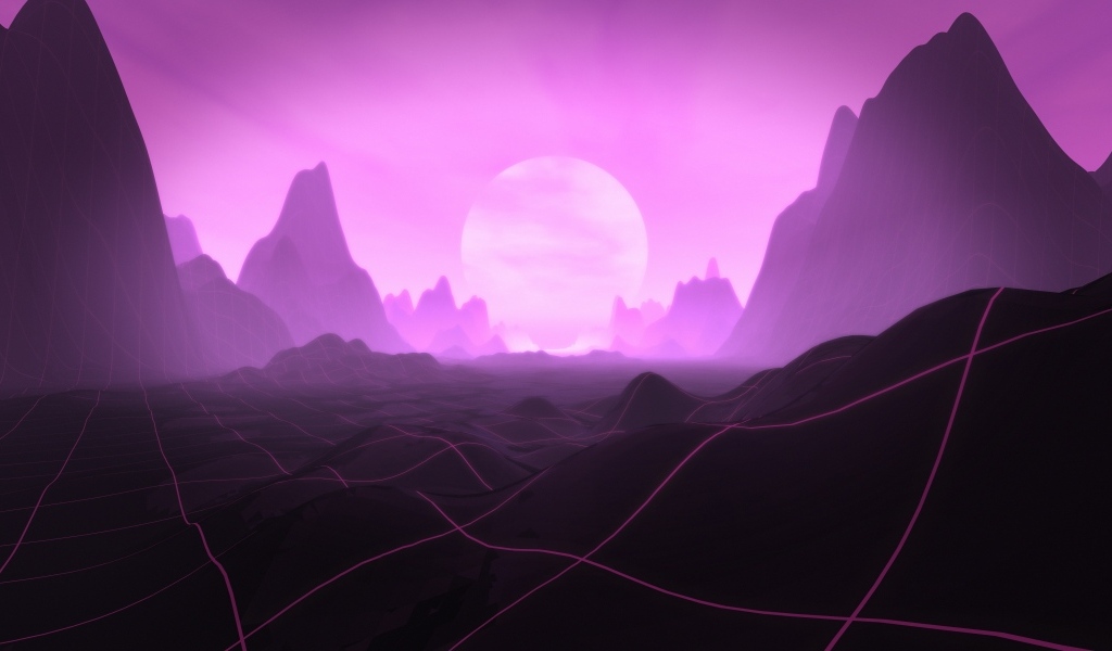 Луна покрыла горы фиолетовым светом