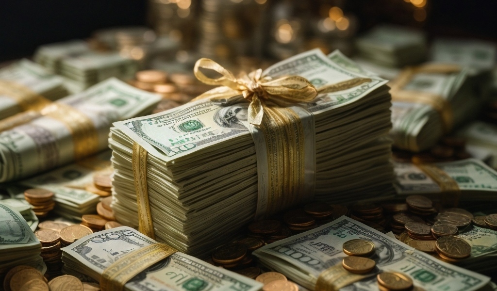 Пачки долларов с монетами перевязаны бантом