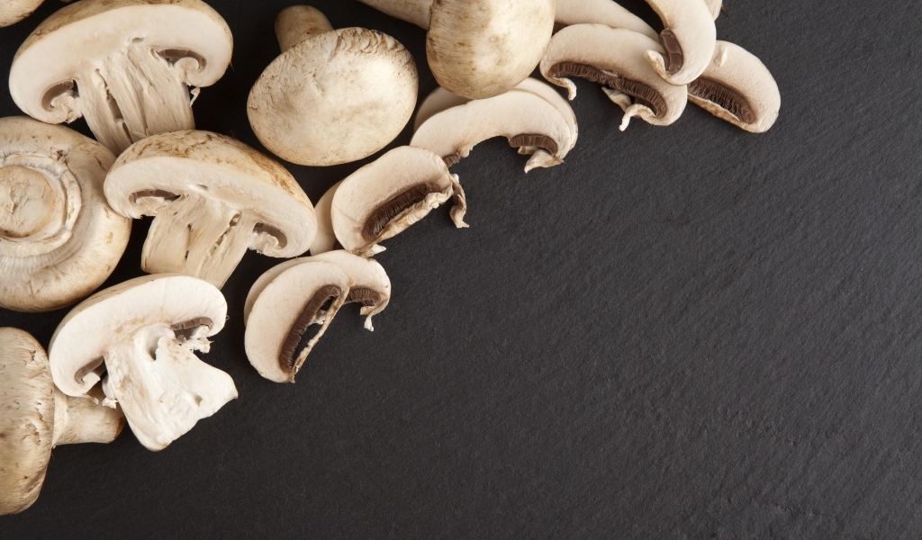 Аппетитные свежие шампиньоны на сером столе
