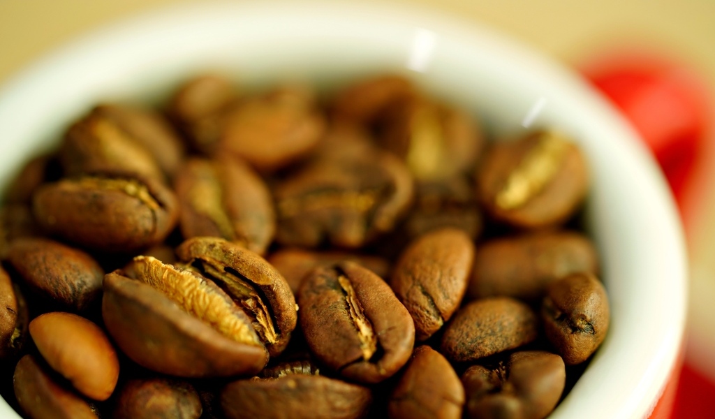 Зерна кофе с белой кружке вблизи