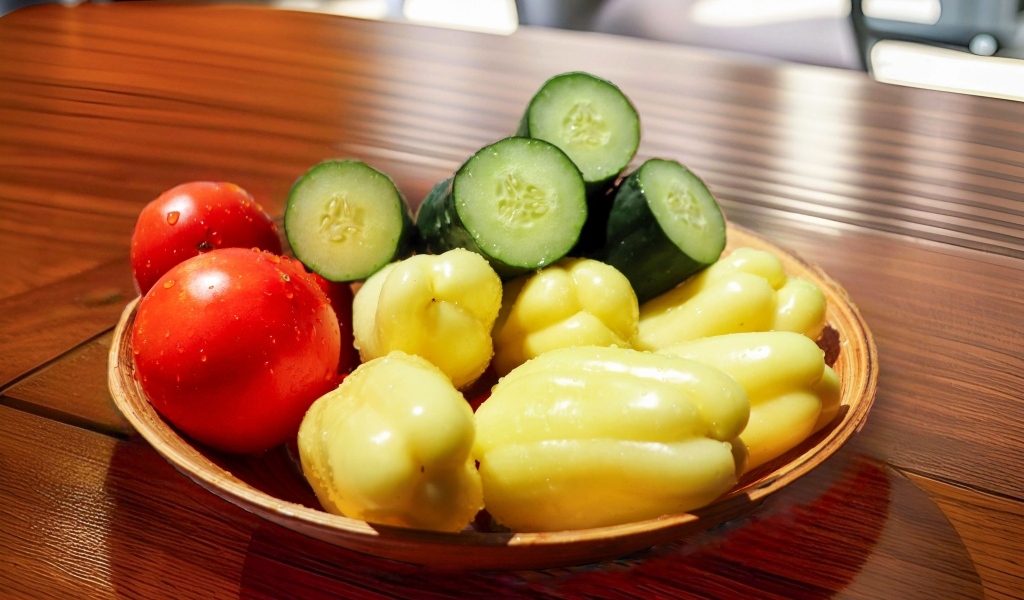 Перец, помидоры и зеленые огурцы на тарелке на столе