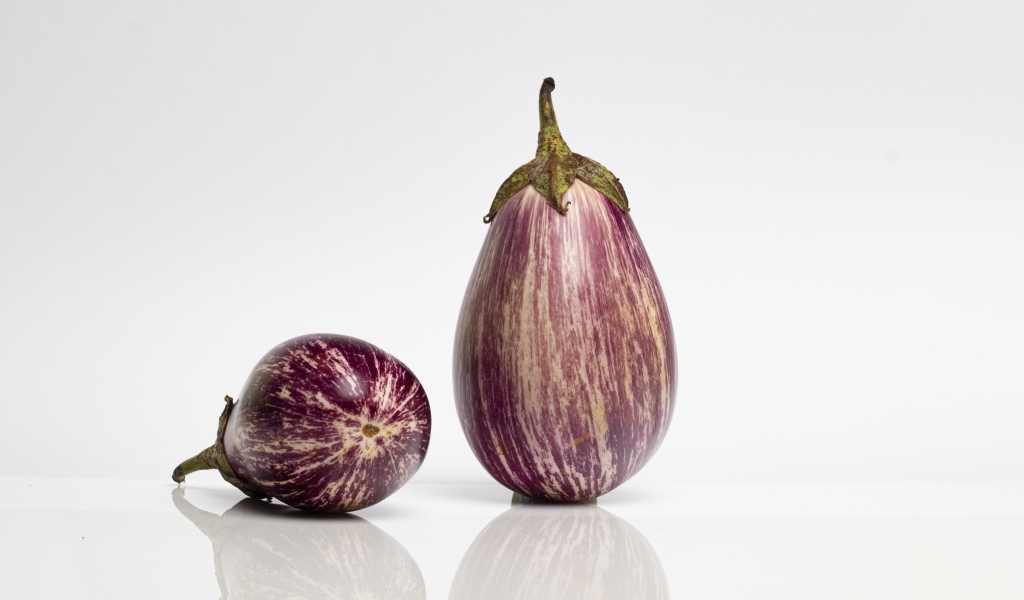 Два баклажана на сером фоне