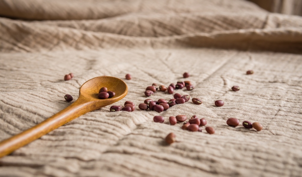 Деревянная ложка на скатерти с фасолью 