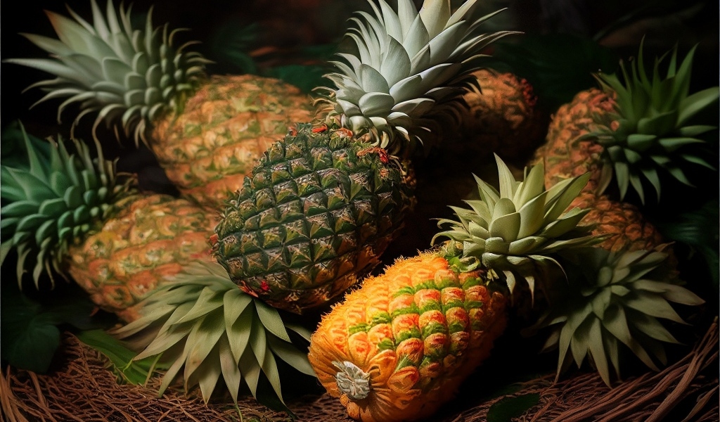 Много спелых ананасов крупным планом