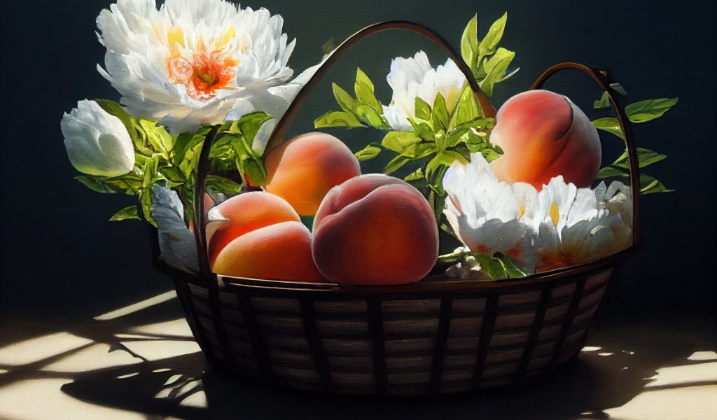 Спелые сладкие персики в корзине с цветами