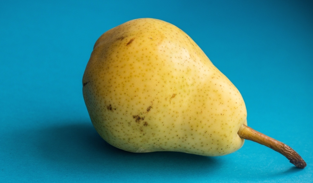 Желтая груша на голубом фоне
