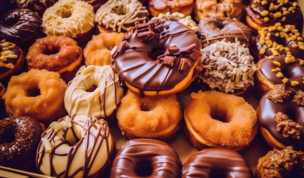 Вкусные сладкие круглые пончики на тарелке крупным планом