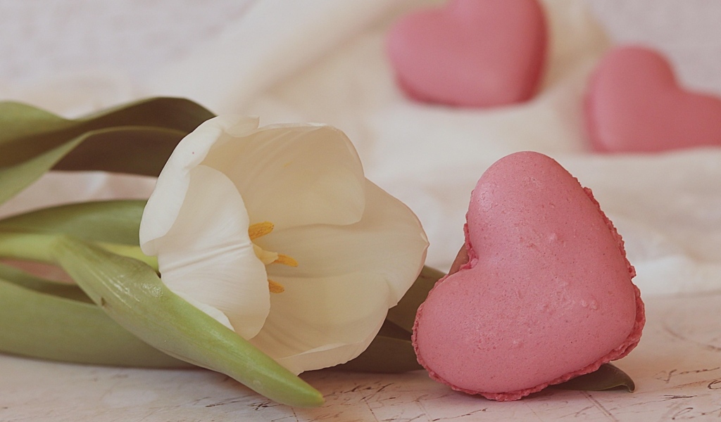 Десерт макарун в форме сердца на столе с тюльпаном