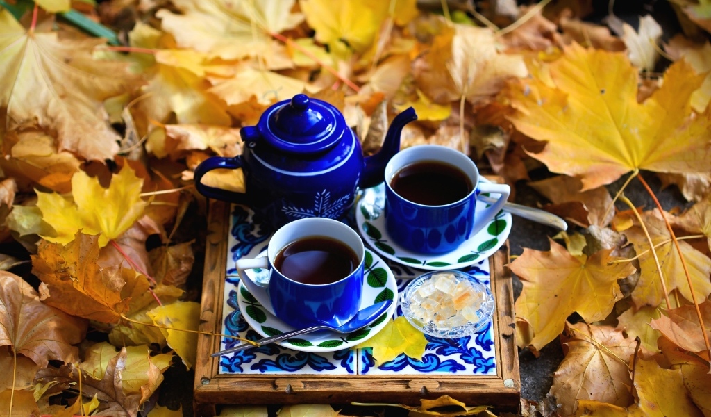 Две чашки кофе с чайником стоят на опавшей листве