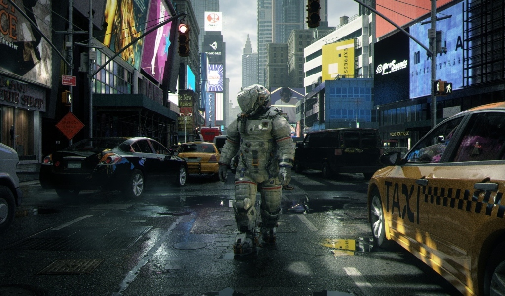 Мужчина астронавт в городе, компьютерная игра Pragmata