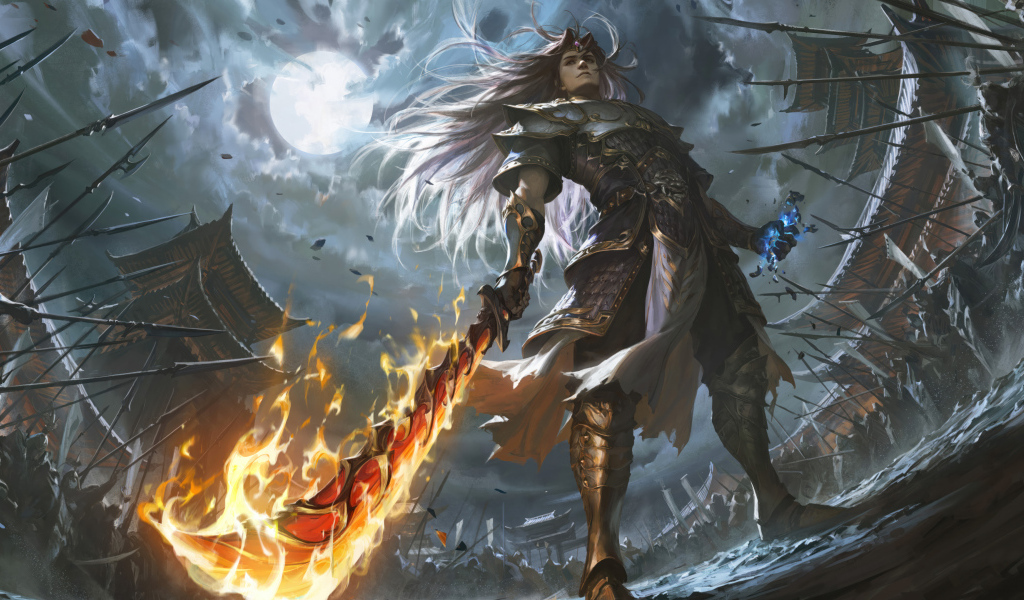 Мужчина воин с огненным мечом