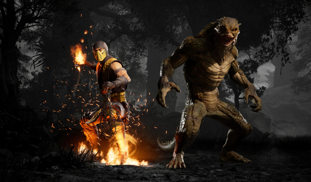 Скорпион сражается с монстром в компьютерной игре Mortal Kombat 1