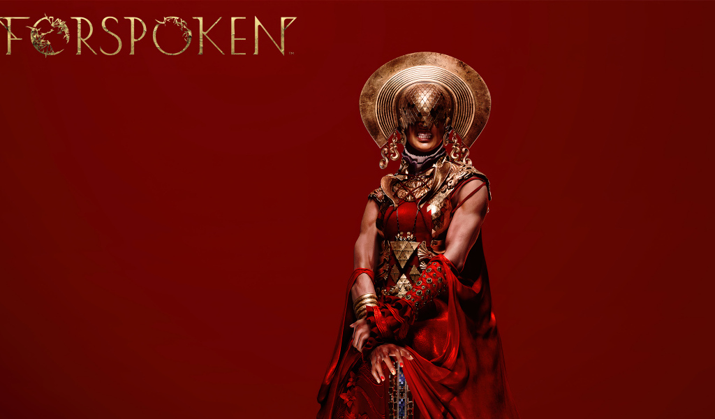 Персонаж компьютерной игры Forspoken на красном фоне