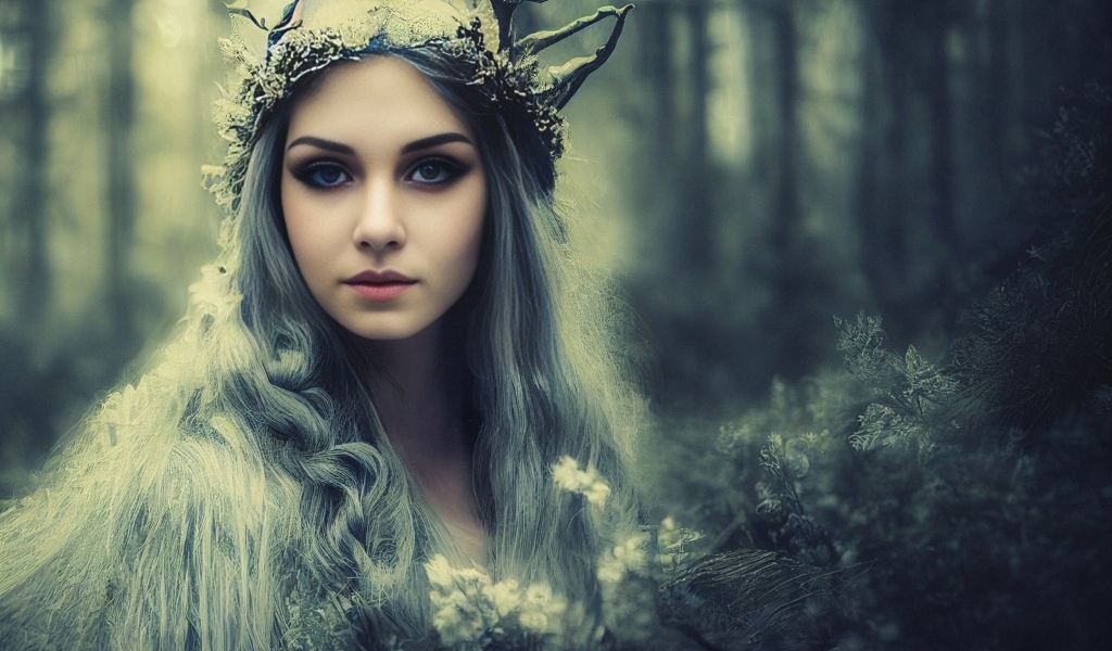 Девушка лесная фея с белыми волосами