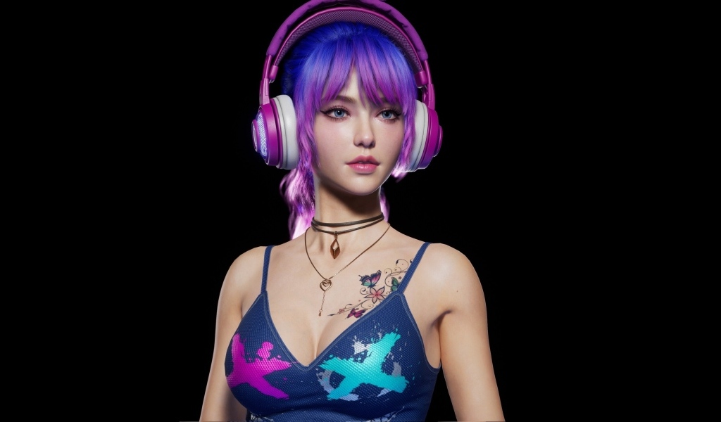 Девушка 3д с наушниками на голове на черном фоне