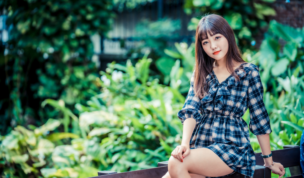 Молодая девушка в клетчатом платье сидит на заборе