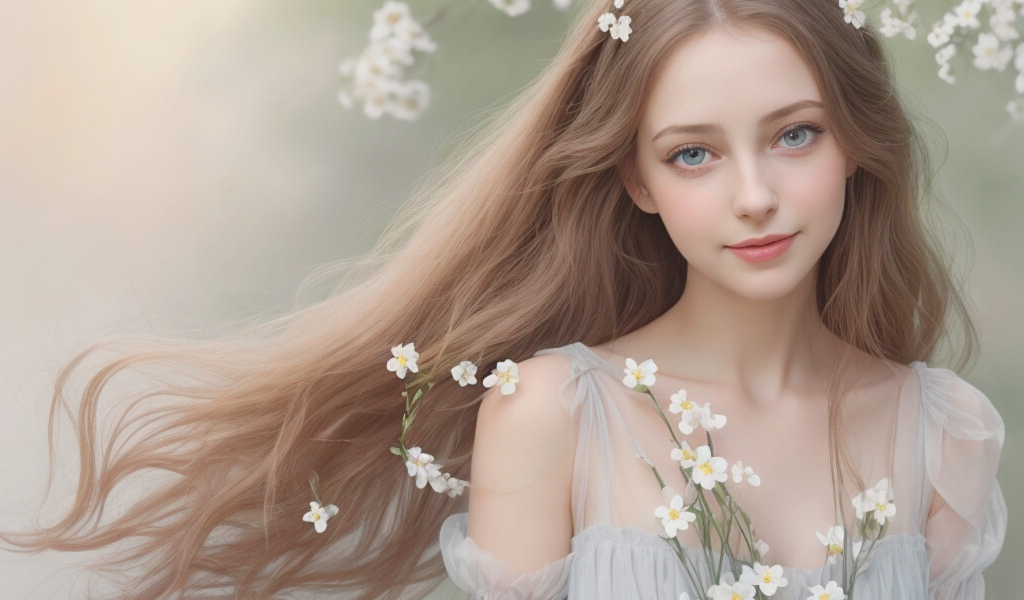 Красивая голубоглазая длинноволосая девушка в белых цветах