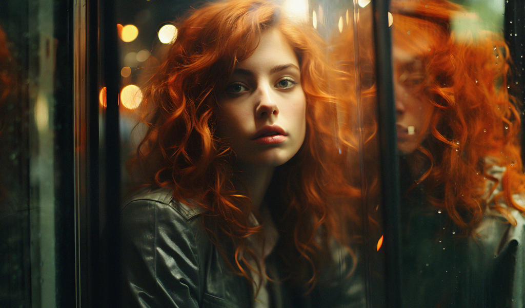 Красивая рыжеволосая девушка отражается в окне