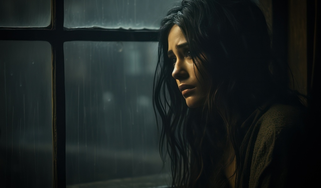 Грустная девушка сидит у окна 