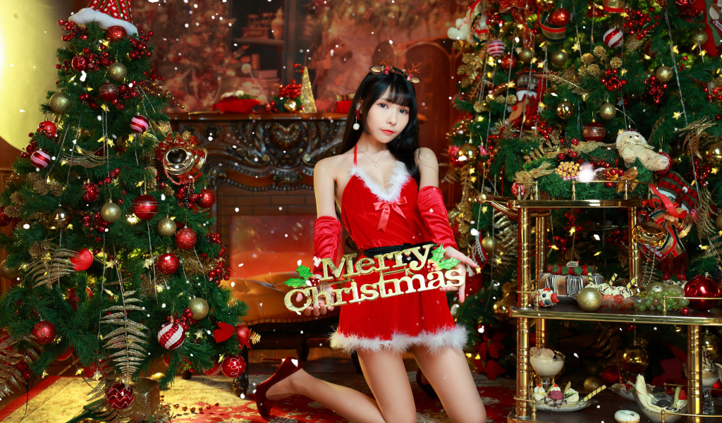 Девушка в наряженной на Рождество комнате