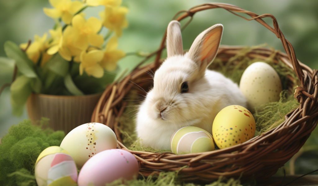 Пасхальный кролик в корзине с яйцами на праздник