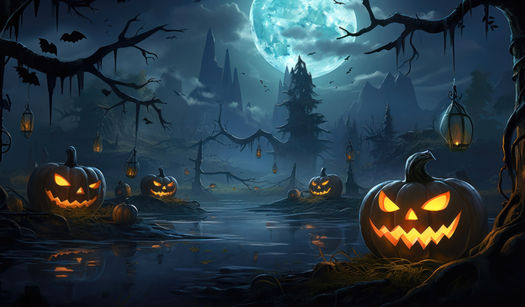 Зловещие тыквы у реки в темном лесу
