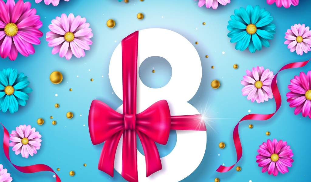 Цифра 8 с бантом и цветами на голубом фоне