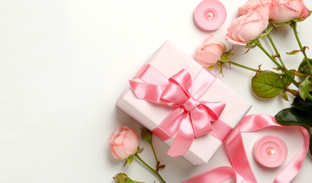 Розовые розы с подарком на белом фоне,  шаблон для открытки на 8 марта