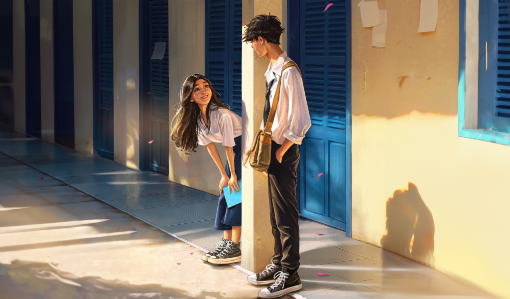 Влюбленная пара студентов к коридоре