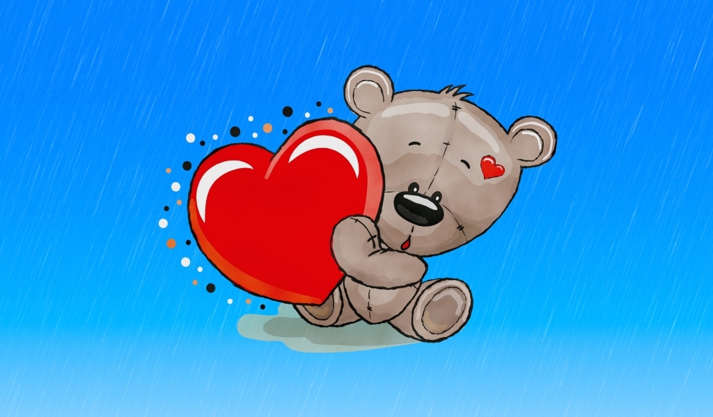 Нарисованный медвежонок с красным сердцем на голубом фоне