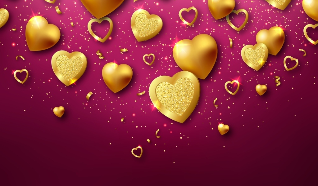Золотые сердечки на красном фоне