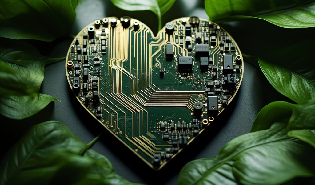 Плата в форме сердца с зелеными листьями