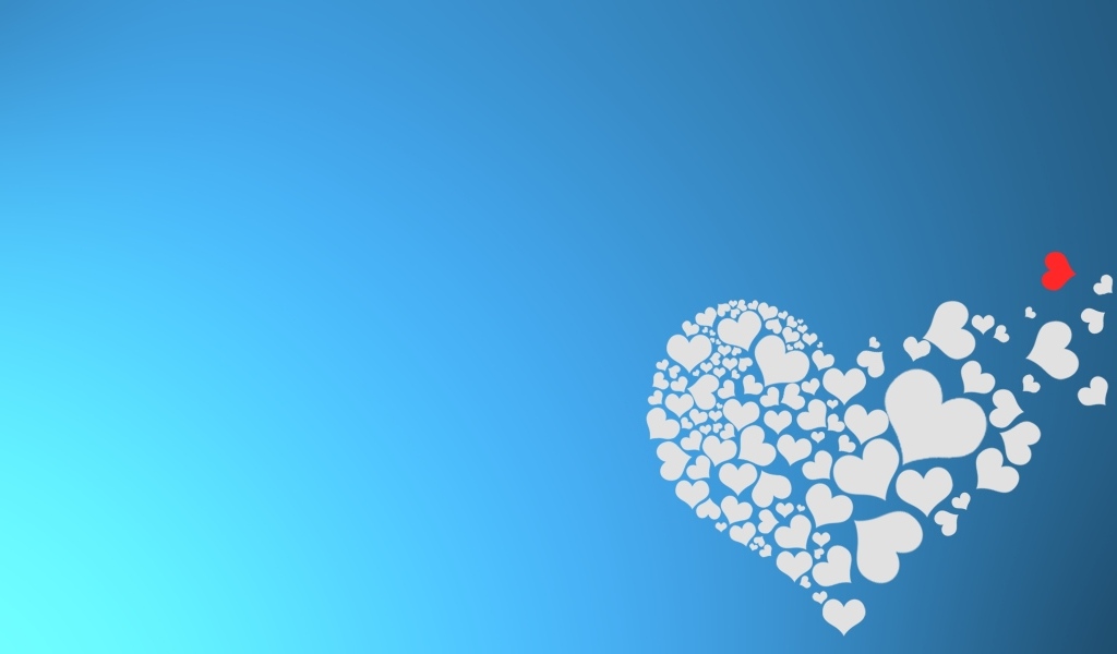 Маленькие белые сердечки рассыпаются на голубом фоне