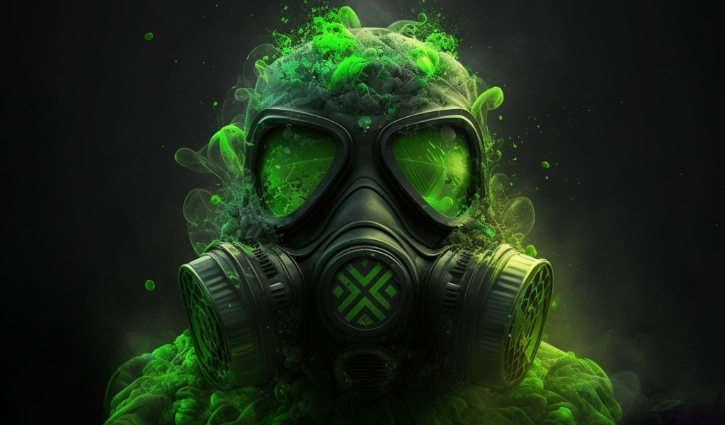 Мужчина в противогазе с зеленым ядовитым дымом