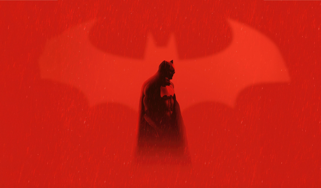 Бэтмен под дождем на красном фоне