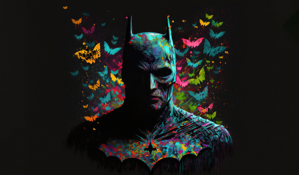 Бэтмен с неоновыми бабочками на черном фоне