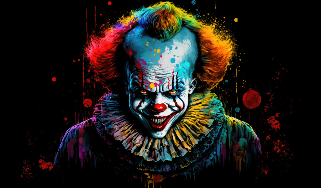 Нарисованный разноцветный страшный клоун