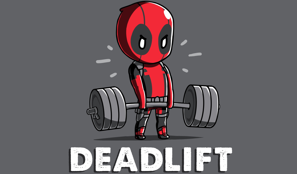 Маленький Дэдпул с гантелей на сером фоне