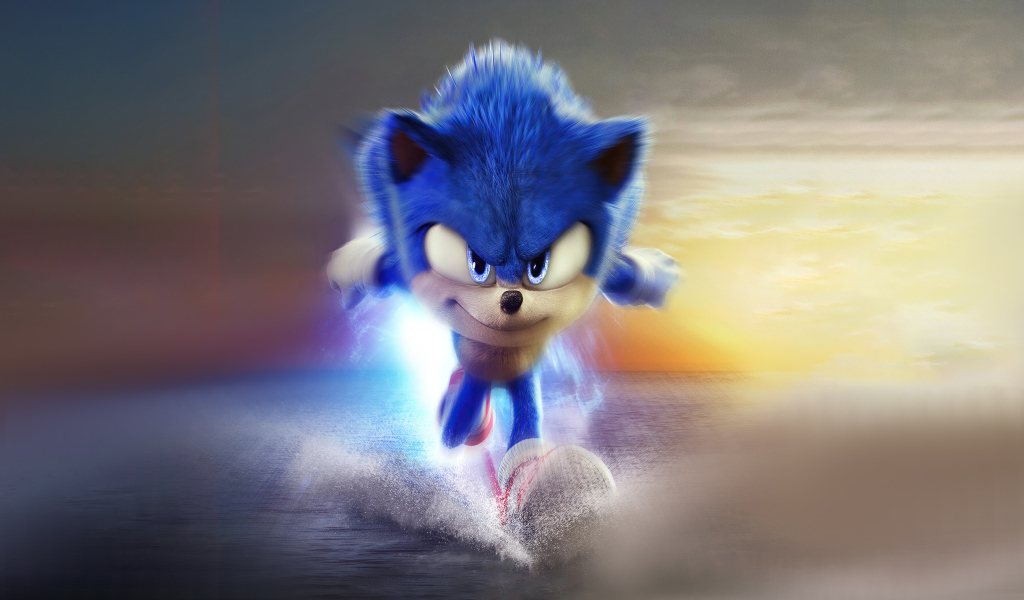 Персонаж Соник бежит по воде