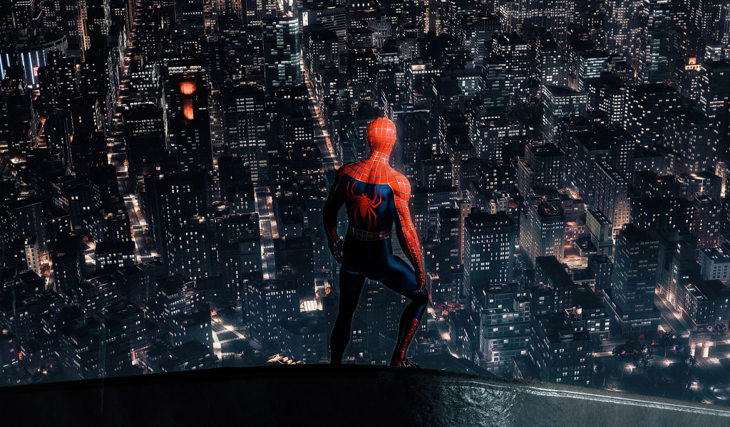 Человек паук смотрит на  ночной город