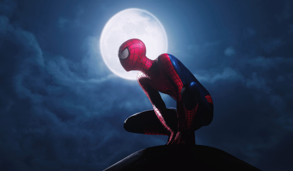 Спайдермен сидит на фоне луны