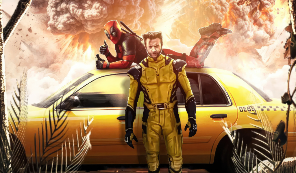 Супергерои Дэдпул и Росомаха с машиной такси