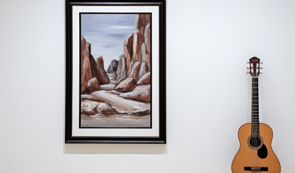 Гитара стоит у стены с большой картиной