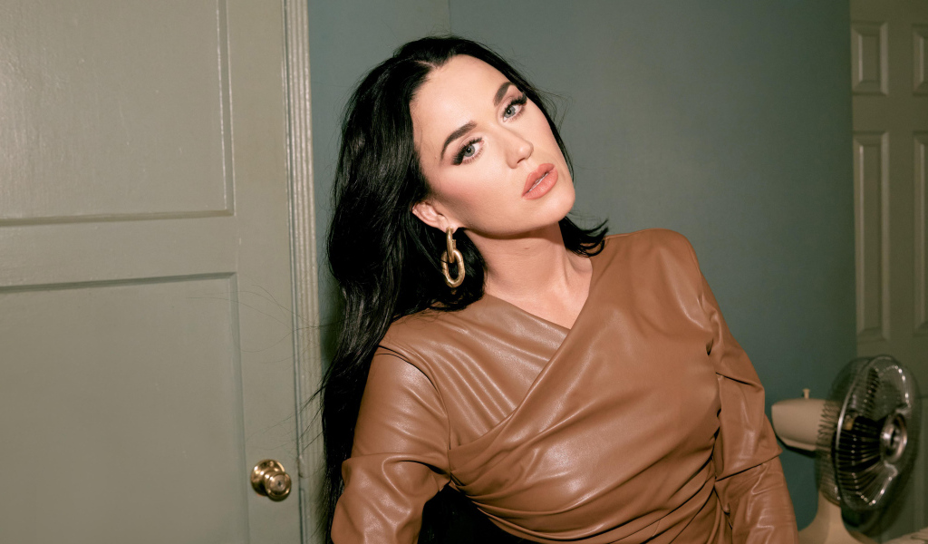 Длинноволосая брюнетка Кэти Перри стоит в комнате у двери