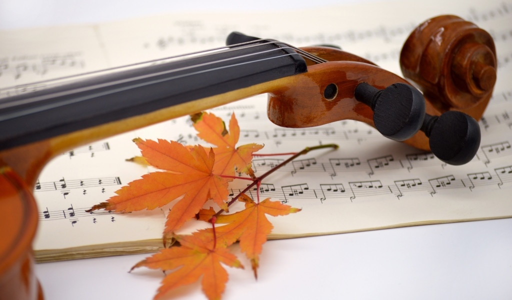 Скрипка на столе с листьями и нотами