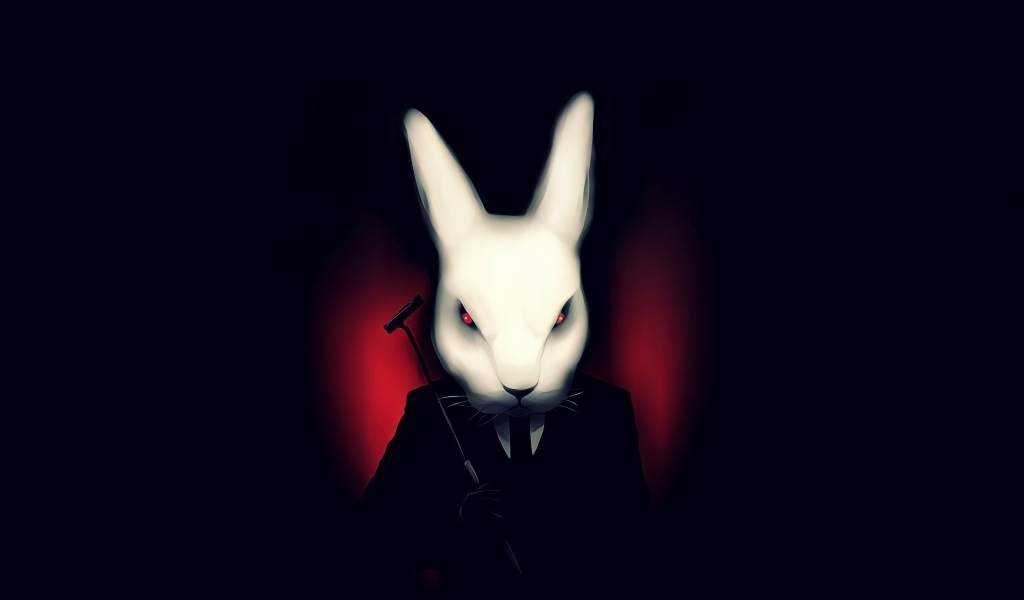 Белый кролик в костюме на черном фоне
