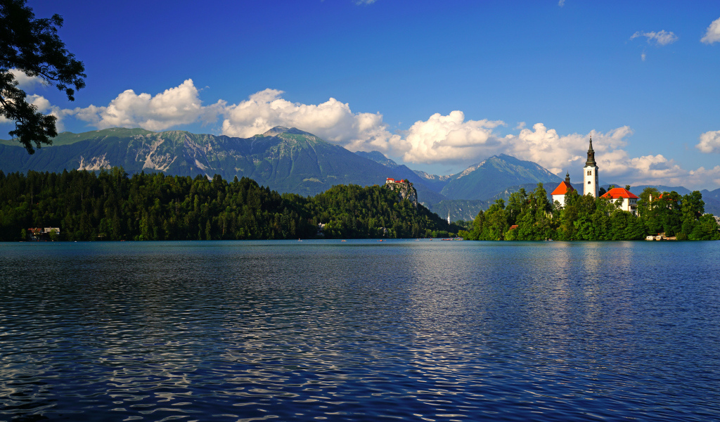 Красивый вид на озеро и покрытые зеленью горы