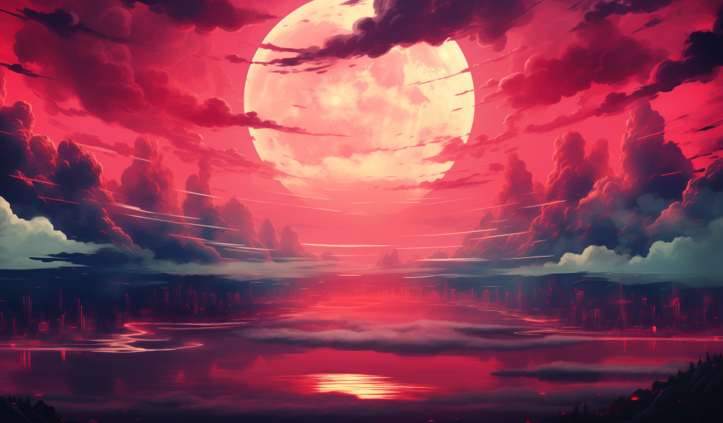 Большая белая луна в красном небе