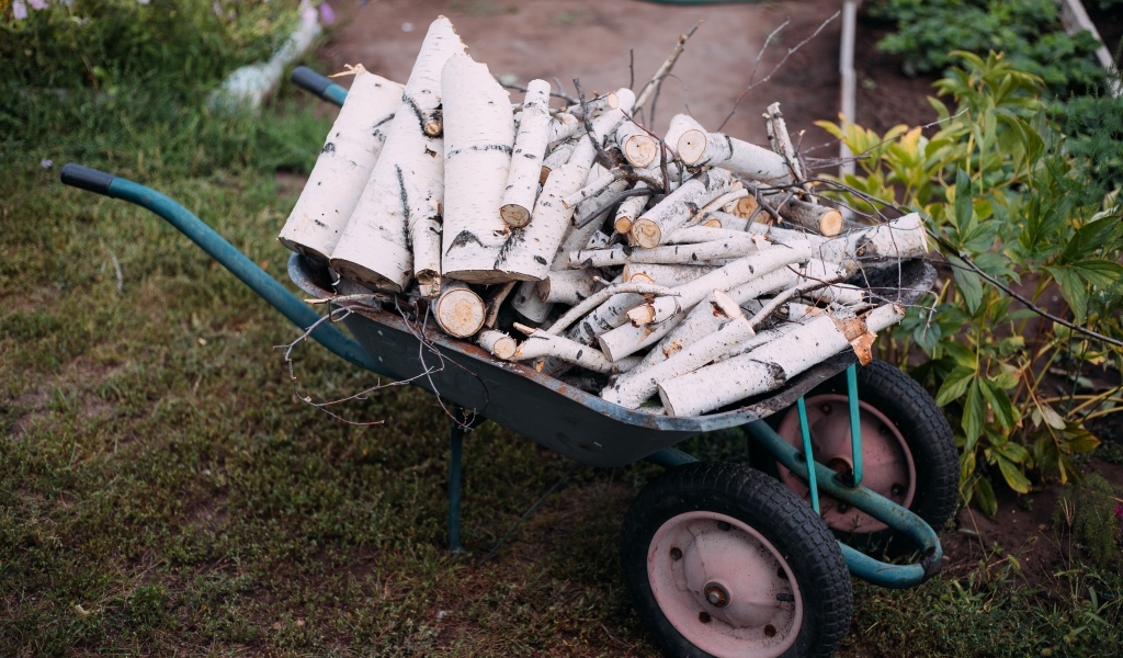 Железная тачка с дровами с березы